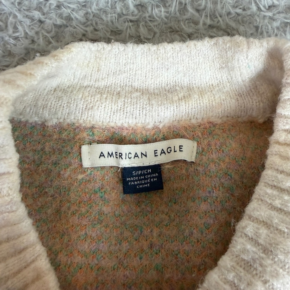American Eagle Floral Intarsia Crewneck Sweater Oatmeal Orange Small - Picture 2 of 9